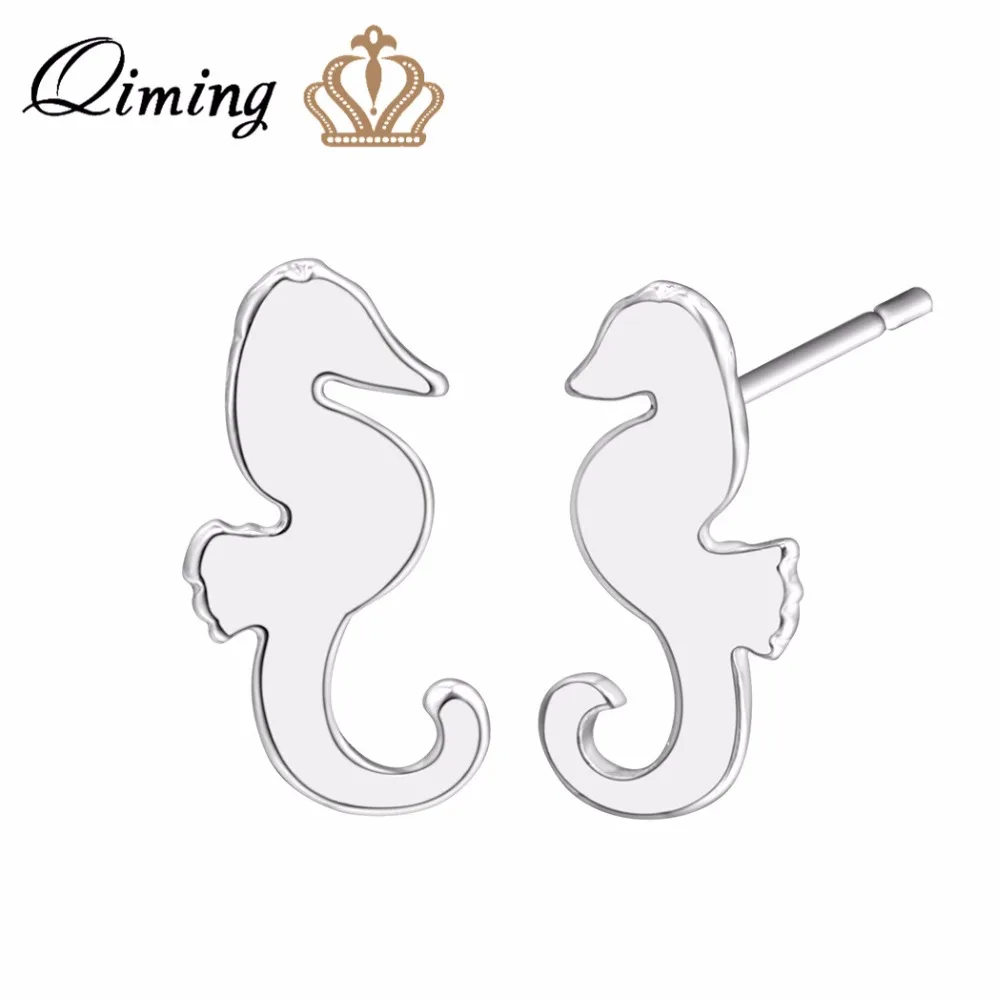 

QIMING 2017 New Silver Seahorse Earrings Women Simple Vintage Children Baby Jewelry Animal Stud Earrings Jewelry Accessories