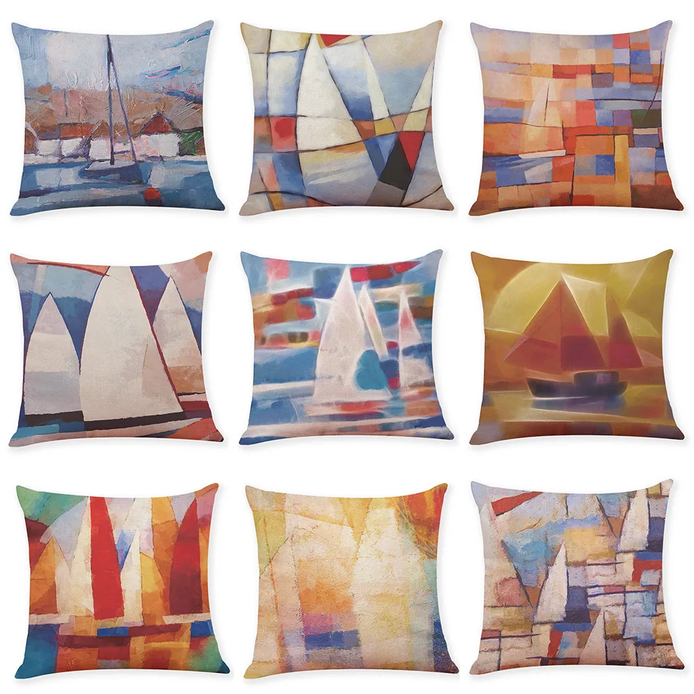 Cotton Linen Sailboat Oil Painting Throw Pillow Case Decorative Pillows For Sofa Car Seat