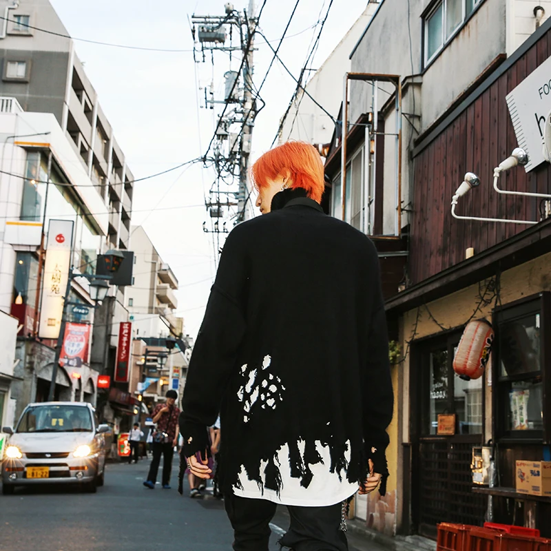 Destroyed Ripped Holes Knitted Sweater Mens Pullover Long Sleeve Turtleneck Oversize Winter Sweater New Streetwear Autumn Jumper