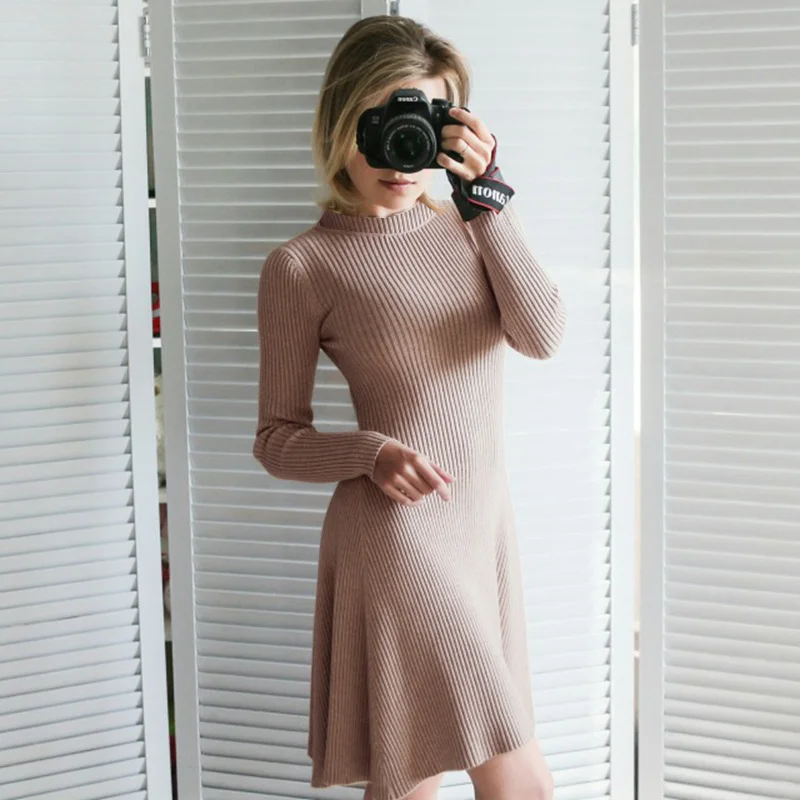 

Autumn Winter New Arrived 2019 Women Elegant Dress Fashion Solid O Neck Long Sleeve Slim Mini Dress Pleated Hem Party Dresses