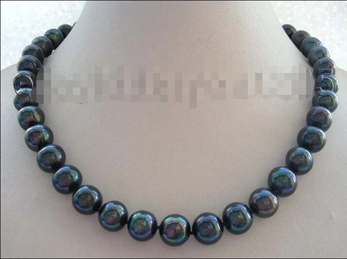 

genuine Natural 12mm black Round Pearl necklace 9k zircon #f1647! (A0501)