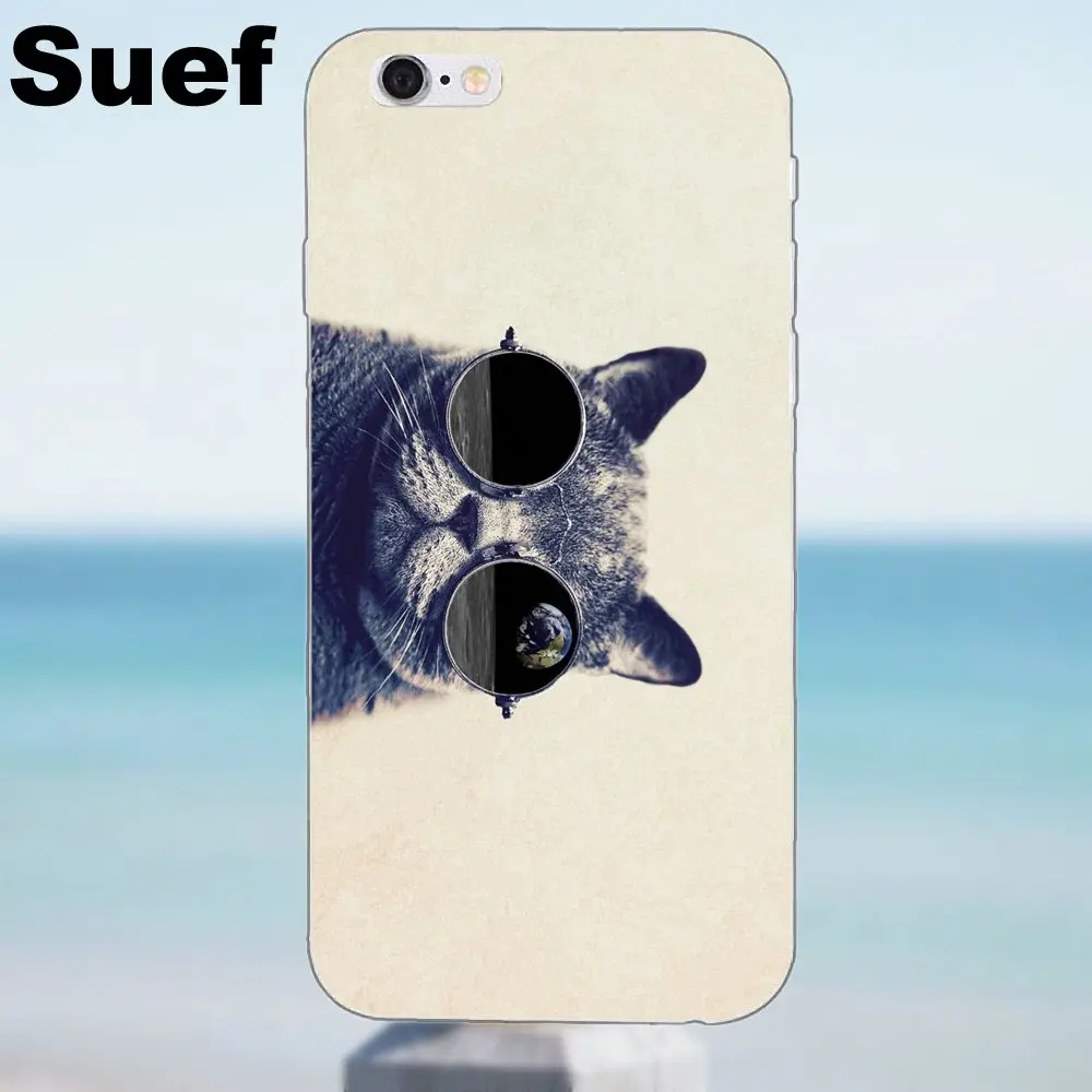 Suef Мягкий ТПУ дизайн кошка с очками для iPhone 4 4S 5 5S 5C SE 6 6S 7 8 Plus X Samsung Galaxy A3 A5 J1 J3 J5 J7 2016