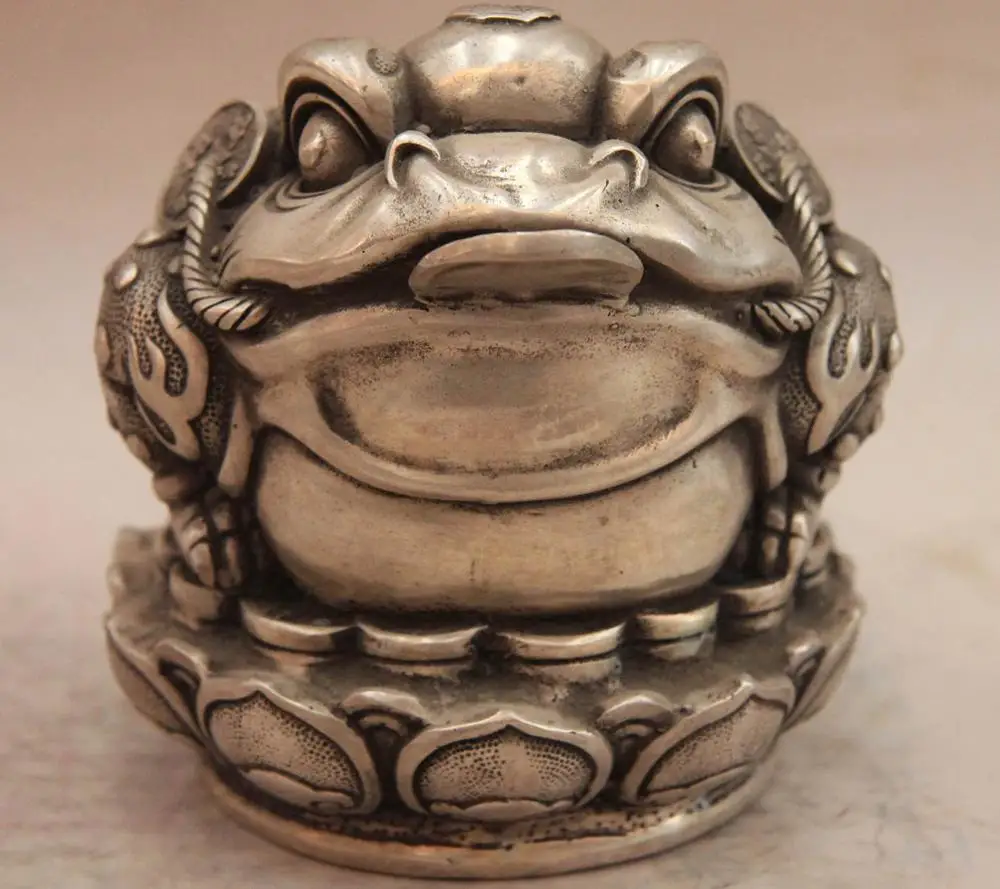 

China White Copper Silver Feng Shui Money Wealth bufonid Golden toad Statue SD 506