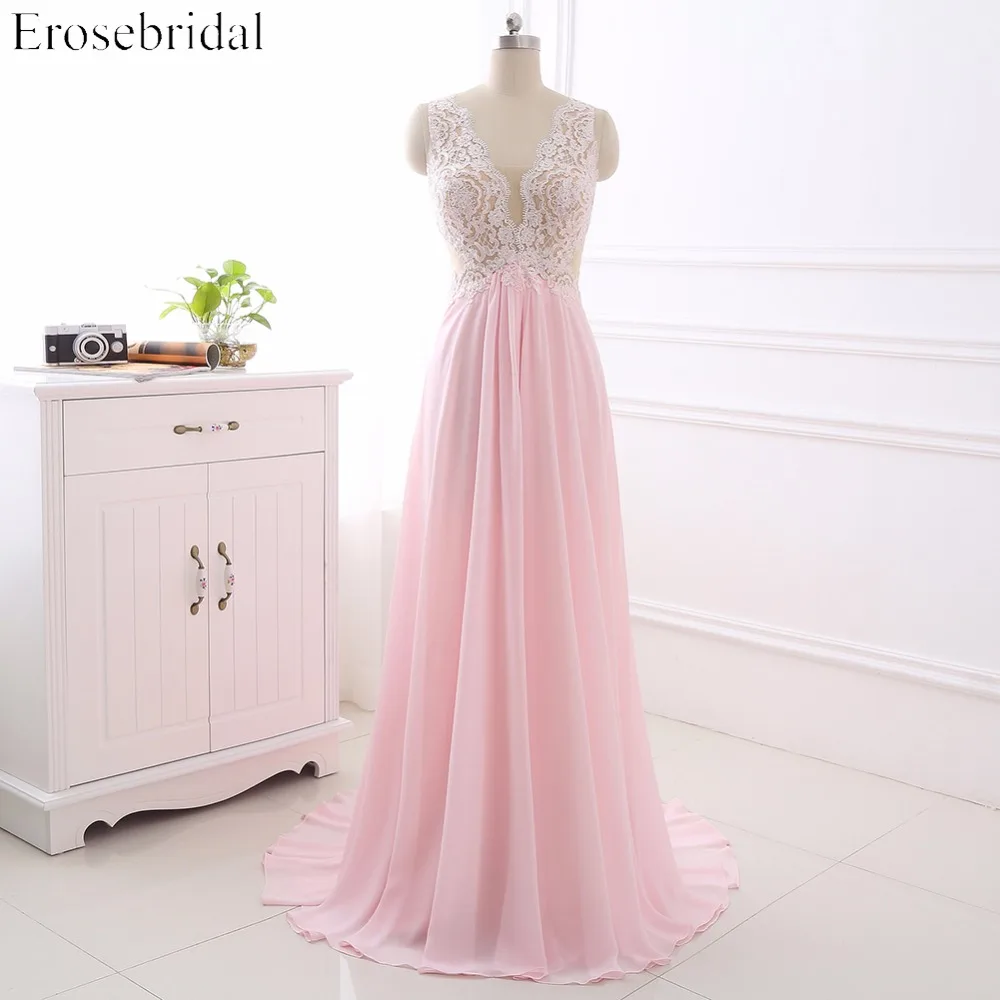 

Sexy Illusion Back A-Line Evening Dress Lace Appliques Sleeveless Deep V Neck Open Back Sweep Train Formal Party Dress YY005