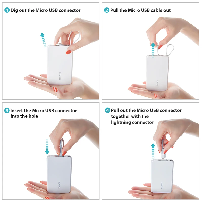 ROMOSS QS05 5000mAh Power Bank With Built-in Micro USB Cable External Battery Pack Travel Size Portable Charger For iPhone