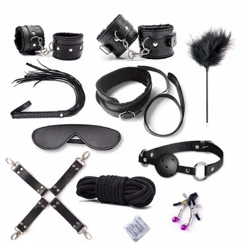 10pcs PU Leather BDSM Sex Bondage Set Erotic Accessories Adjustable Handcuffs Whip Rope Sex Toys