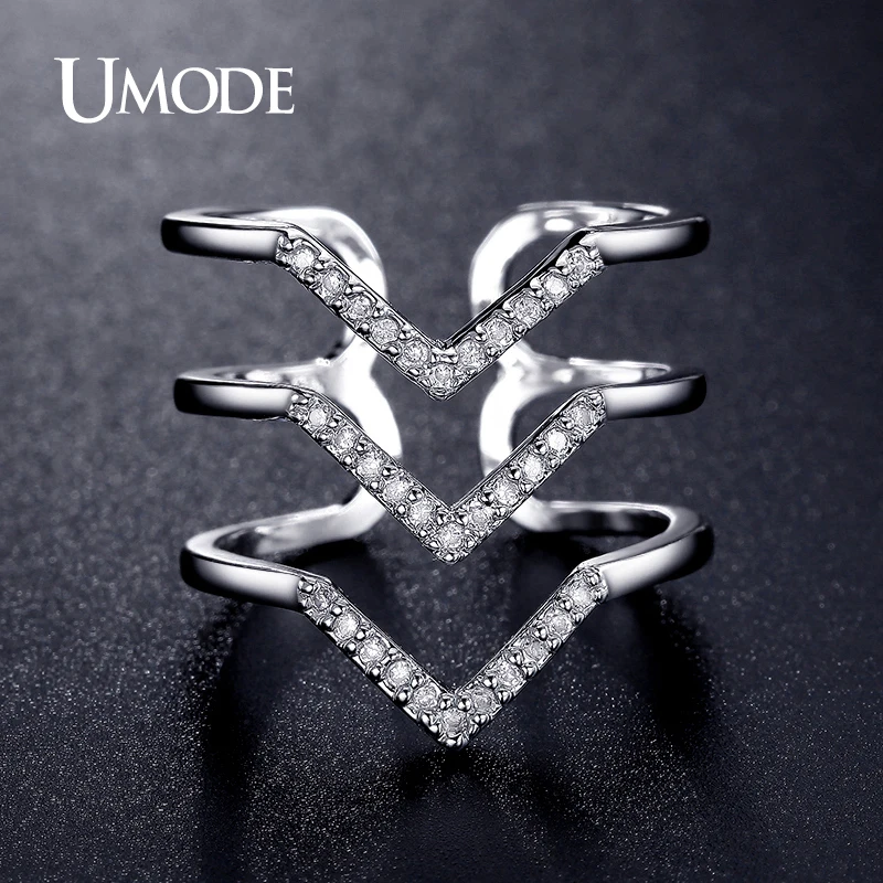 

UMODE 2017 New Hot Style Micro CZ Three V Shape Ring White Gold Color Pave Luxury Rings For Women Jewelry Fashion Gift AUR0360B