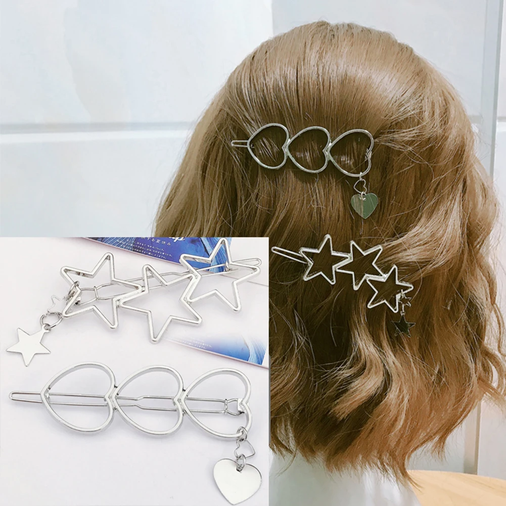 

Women Shining Hairgrips Hollow Star Love Heart Metal Geometric Triangle Hair Clip Elegant Hairpin Crystal Pearl Gold Silver Hot