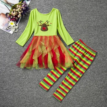 

Christmas New Year Deer Girls Dress + Stripe Pants two-piece suit Children's clothing wholesale factory outlets 1-2-3-4-5 YEAR