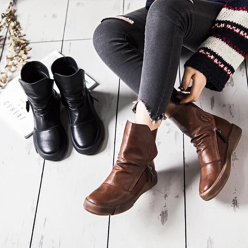

Women Boots Winter Shoes PU Ankle Booties Black Brown Plush Zipper Flats Platform Shoes Women Fashion Slip on Boots