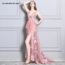 Свадебная вечеринка платье наличии 2019 Новый тюль бисером sexy V образным вырезом см. Румяна Розовый Светло фиолетовый цвета слоновой кости