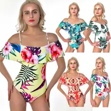 Women One Piece Floral Printed Off Shoulder Flounce Ruffled Monokini Swimsuits Yellow Women One Piece Floral Printed Off Shoulder Flounce Ruffled Monokini Swimsuits Yellow