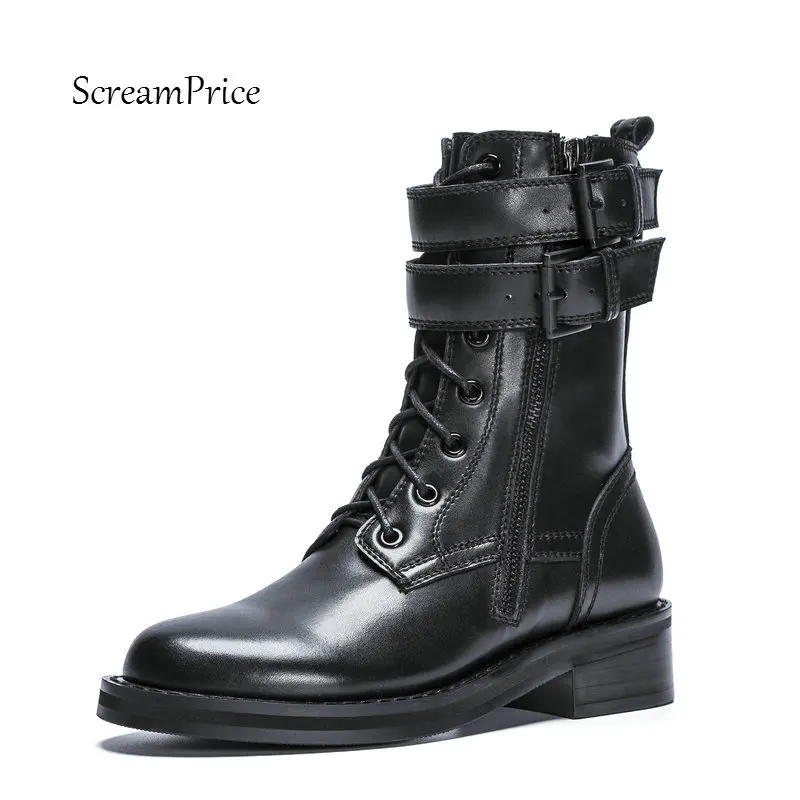 

Ladies Buckle Genuine Leather Comfort Low Heel Martin Boots Fashion Zipper Lace Up Round Toe Fall Winter Ankle Boots Black