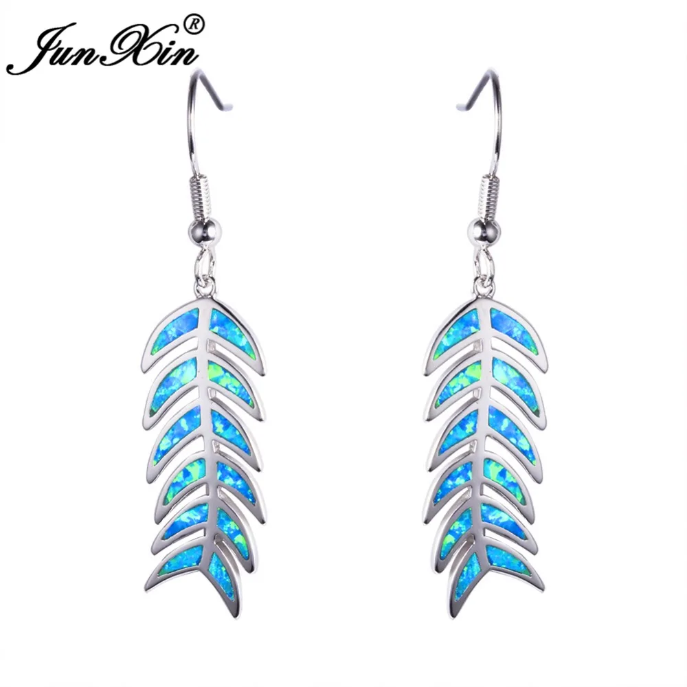 

JUNXIN Unique Fish Bone Design Blue Fire Opal Dangle Earring Double Earrings 925 Sterling Silver Filled Earrings For Women