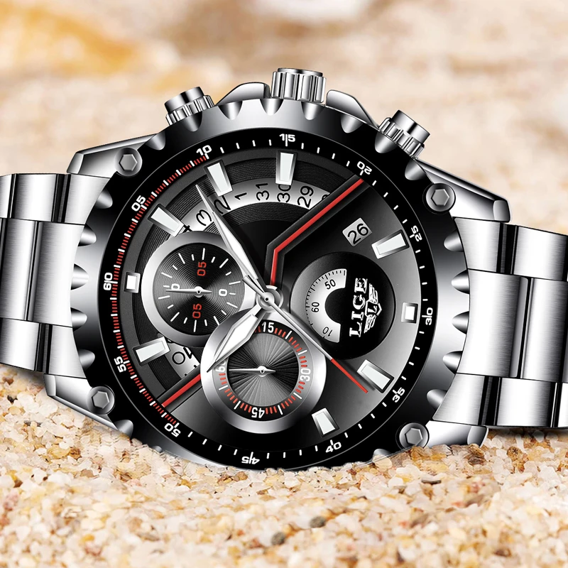 LIGE Brand Men's Fashion Hollow Design Watch Men's Sports Waterproof Quartz Watch Men all Steel Mil