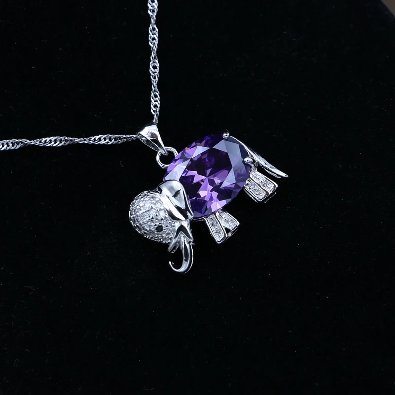

Elephant 925 Silver Chain Necklace Purple Cubic zirconia Slide Pendant For Women Wedding/Engagement/Party/Gifts