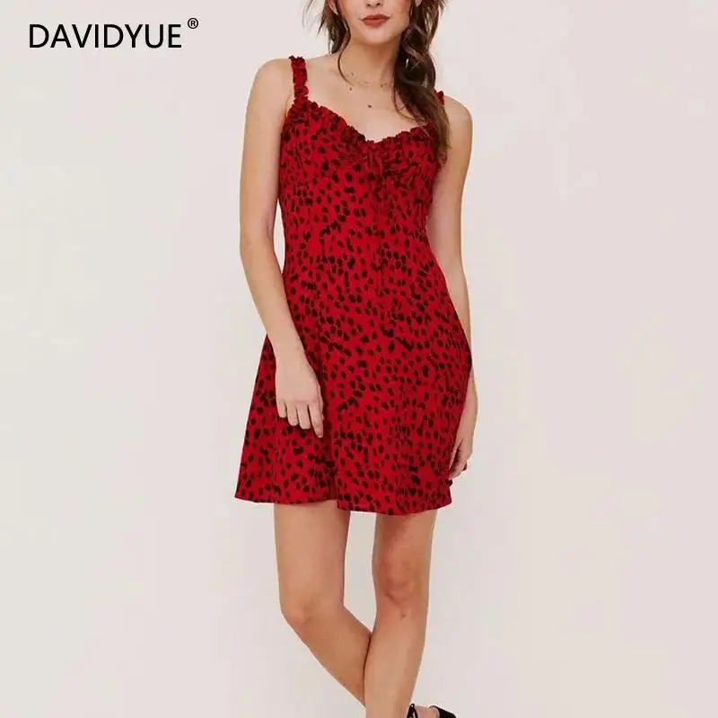 Sexy red Leopard print mini dress women summer dress korean ruffles