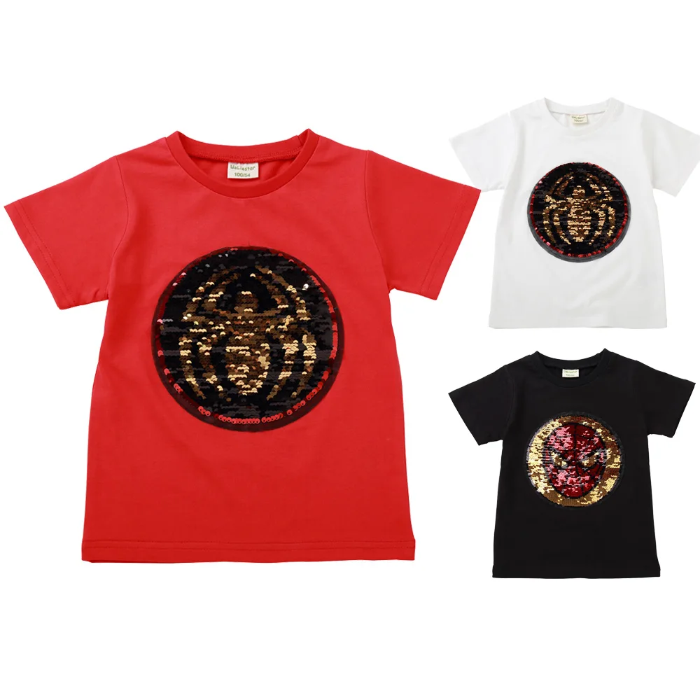 

Spiderman Magic Discoloration Sequins Children T-shirt Boy Girls Spider Man Sequin Reversible T shirt Baby Cotton Tops