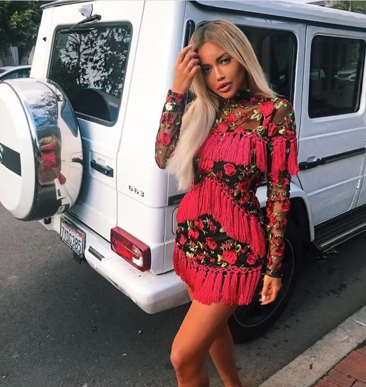 

New Fashion 2018 Women Sexy Long Sleeve Floral Tassel Rayon Bandage Dress 2018 Designer Elegant Party Dress
