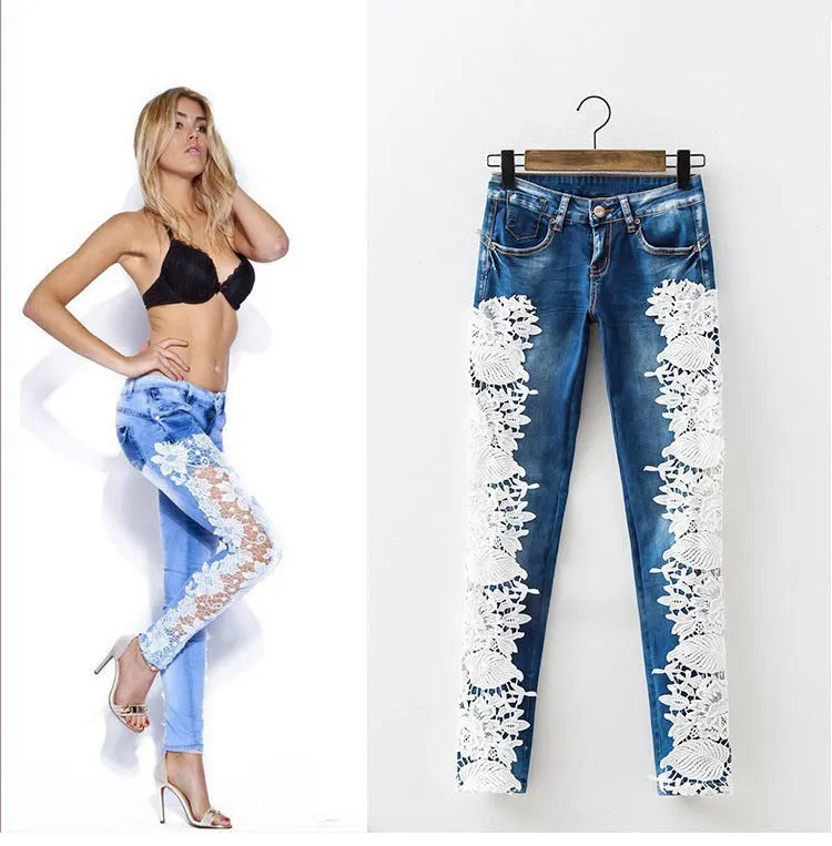 

Women Pencil Denim Jeans Trousers Slim Patchwork Pants Female Lace Casual Jeans