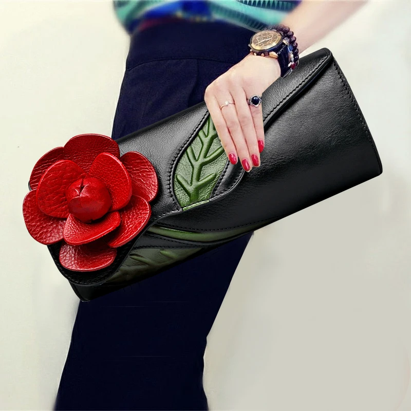 

Fashion 3D Flower Genuine Leather Clutch Wallet Women Banquet Top Leather Modern Handbag Long Purse Party Shoulder Bags Gifts