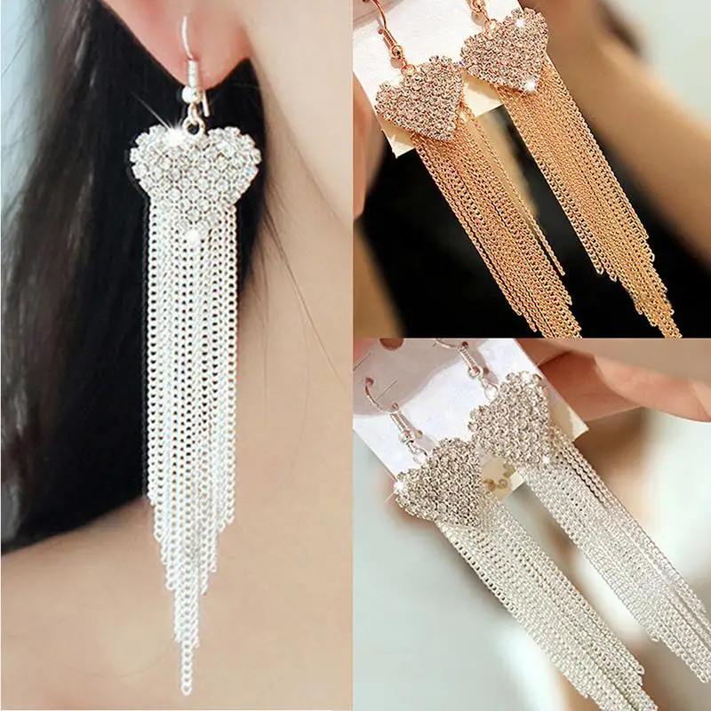 

Rhinestone Dangle Drop Earrings Beautiful Style Heart Sharp Party For Women Summer Shining Fashion Statement Long Tassels