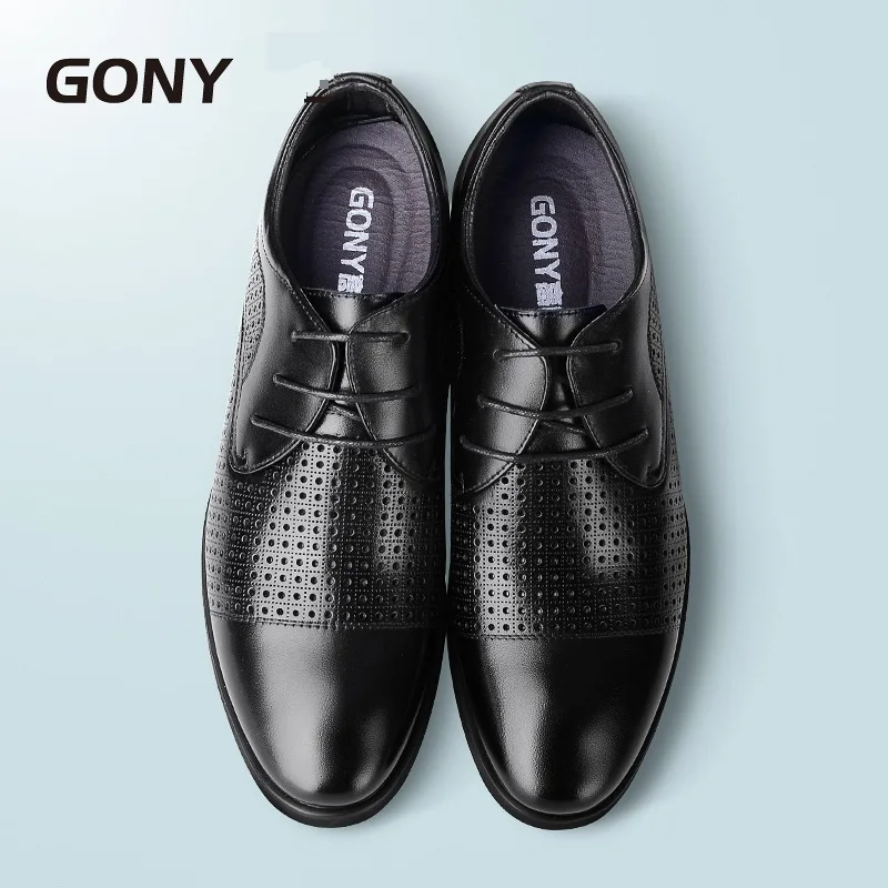  Summer Hollow Breathable Genuine Leather Men's Formal Dress Shoes With Hidden Elevator Lift Insole 