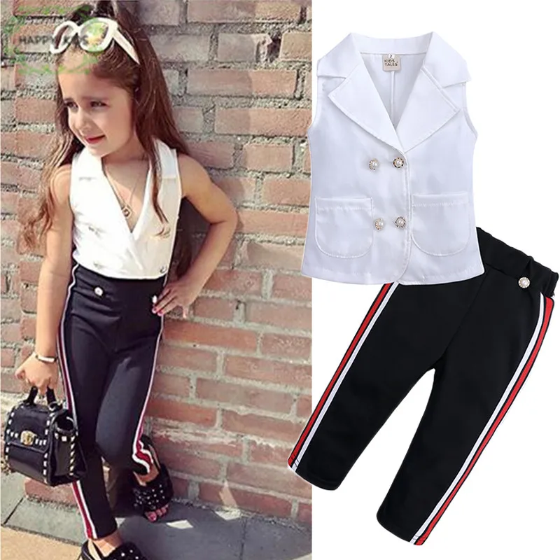 

2019 New Summer fashion Kids Clothing Set sleeveless blouse black stripe Pants 2pcs Children Girl Clothes Sets For 1-6T