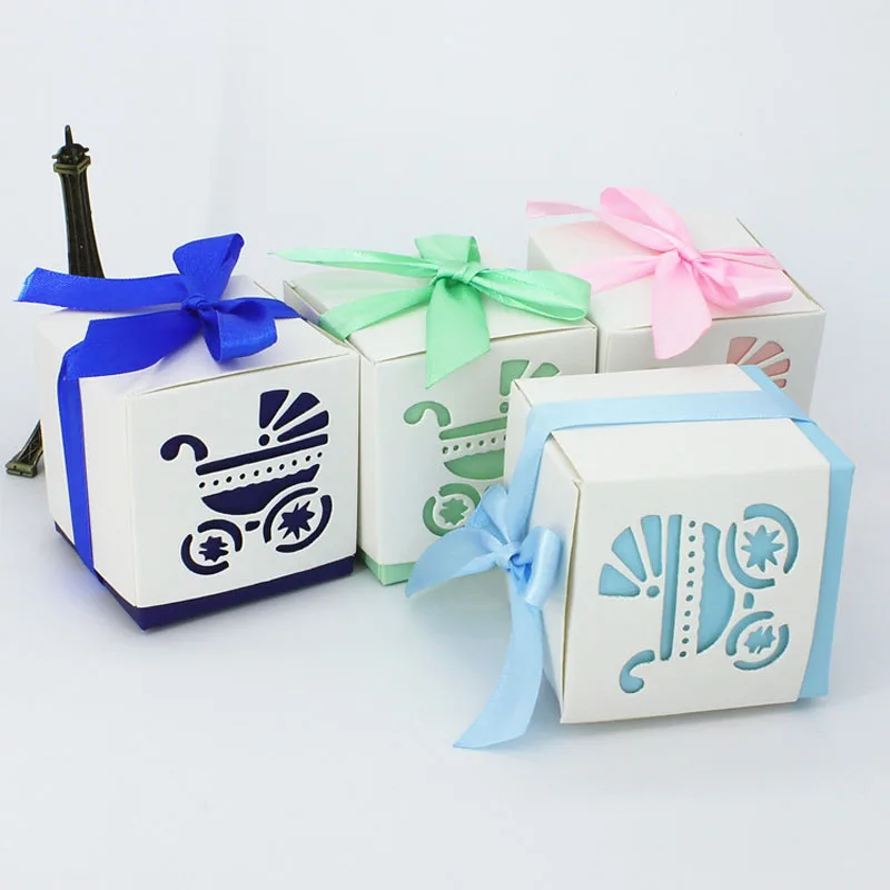

10pcs/lot Baby Shower Baby Car Birthday Parties Candy box Ribbon Favour Hollow Sweet Little Baby Cart Party Favor Gift Box