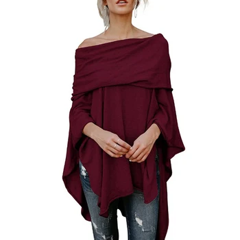 

Asymmetric Overlap Off Shoulder Top Solid Poncho Pullover Sweater Women Fashion Clothing Ladies Casual Fall Tops