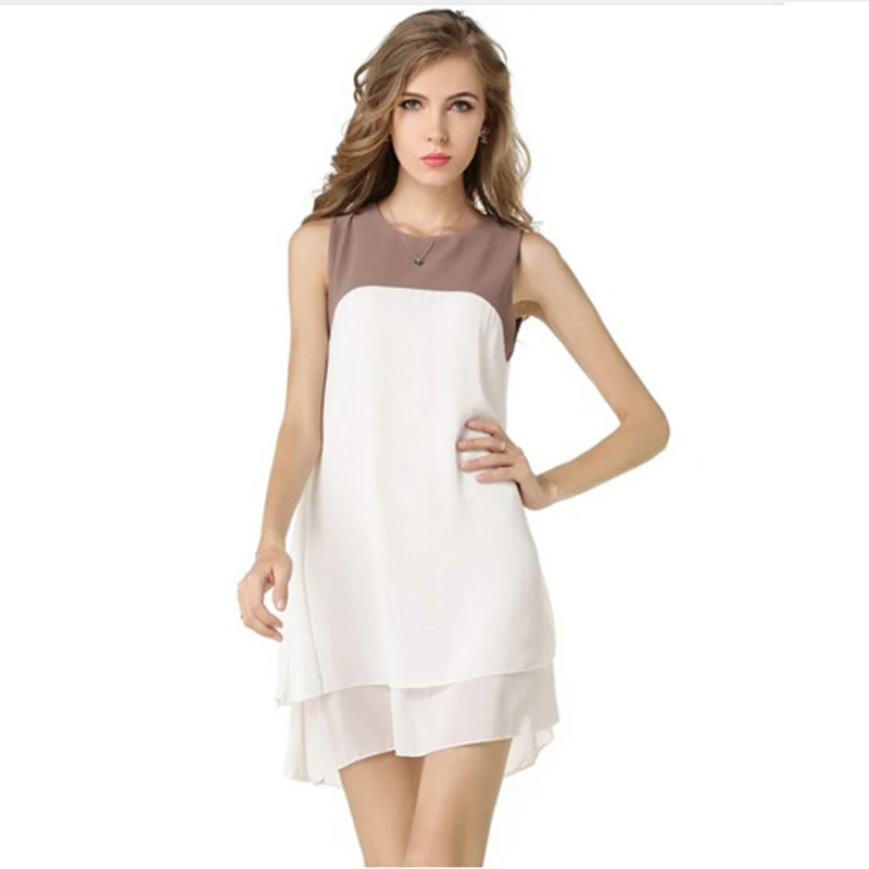 

2018 New Women Casual Summer Double Storey Elegant One-piece Dress Contrast Color Polyester Dress S/M/L/XL Hot Sale