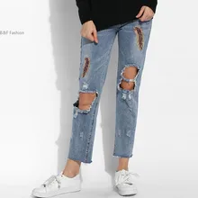 Новый Женский Мода Slim Перо Вышивка Случайные Отверстия Тощий Карандаш Джинсы