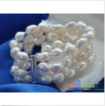 

p3170 4row 9X 12mm white baroque freshwater cultured pearl bracelet 8inchs