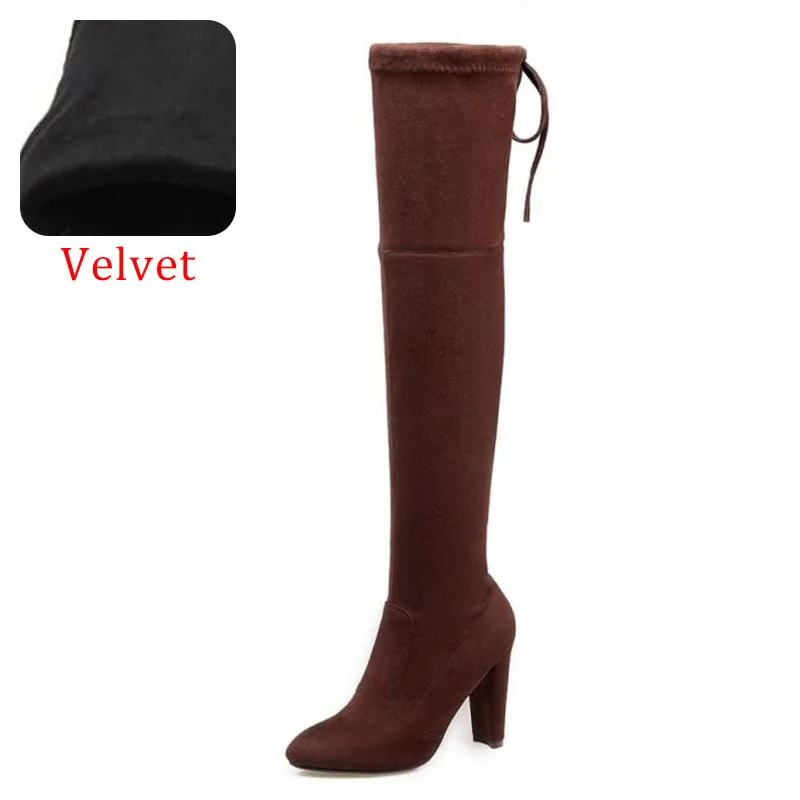 KemeKiss/модные женские сапоги на высоком каблуке размера плюс 33-46, теплая зимняя обувь на меху со шнуровкой, женские облегающие высокие сапоги до бедра, женская обувь - Цвет: brown velvet