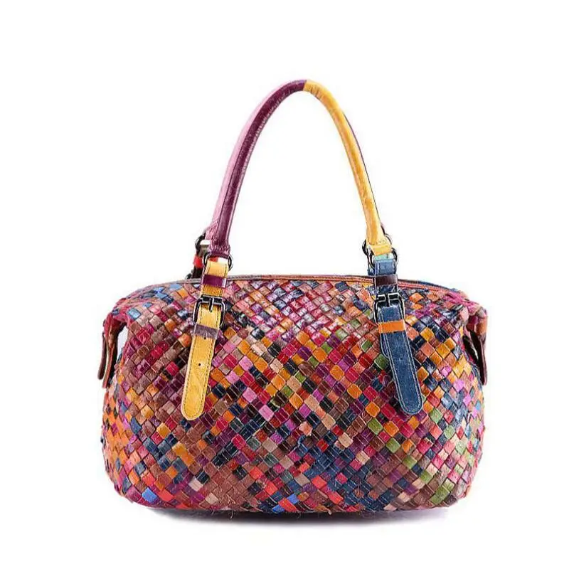Женские сумки ручной работы, разноцветная Лоскутная сумка из натуральной кожи, вязаная сумка-тоут из натуральной кожи