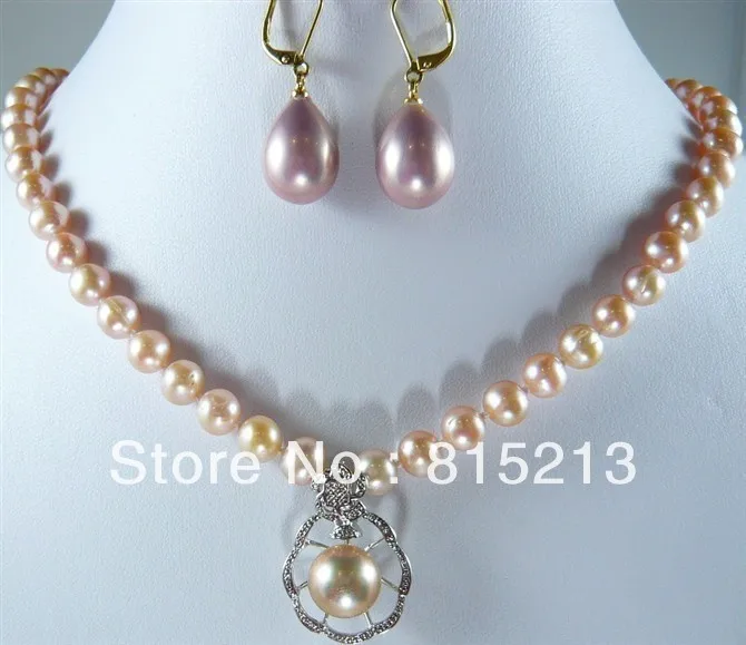 

ddh00134 3 colors white pink black pearl pendant necklace crystal earring set
