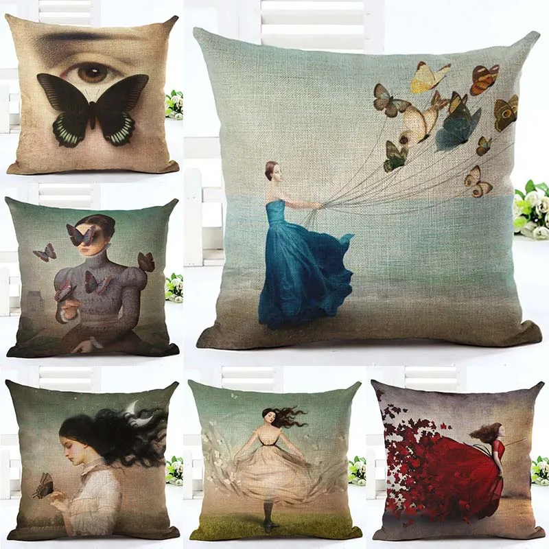 

Butterfly Printing Cushion Cover Lovely Girls Pattern Pillowcase Home Decorative Cotton Linen Square Cojines