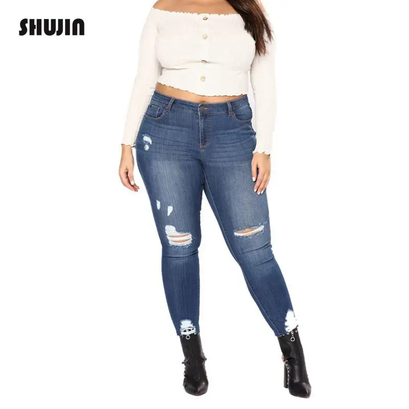 

SHUJIN 2018 Skinny Pencil Pants Vintage High Waist Hole Ripped Denim Jeans Casual Button Fly Stretch Trousers Large Size 7XL