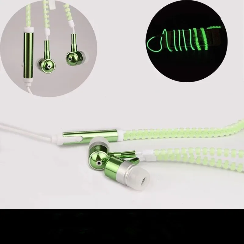 

Hot Glow In The Dark In-Ear Earphones Luminous Light Metal Zipper Earbuds For Iphone Samsung Xiaomi MP3 With Mic