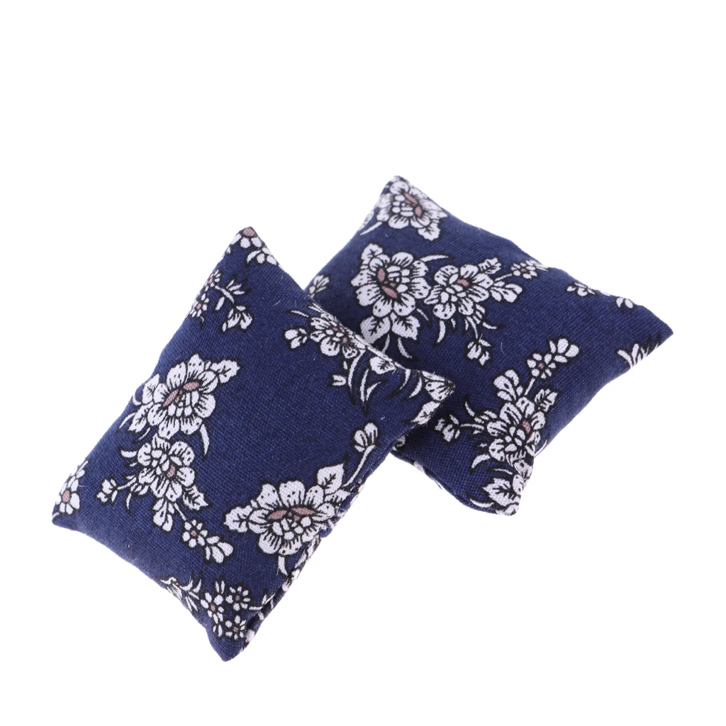 1/12 Dollhouse Miniature Floral Cushions Pillow Sofa Bedroom Living Room Furniture Toy Accessory Dark Blue