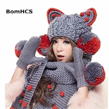 BomHCS ручной работы шарф перчатки шапочка большие кошачьи уши и большой Pom Шапка теплый вязаный зимний женский($22,98-шарф,$10,98-перчатки,$10,98-шапочка