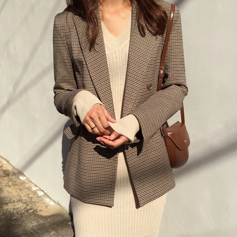 Vintage Double boutonnage bureau dames Plaid Blazer à manches longues lâche pied-de-poule costume manteau veste femmes blazers femme 2019