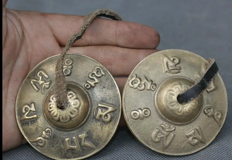 

2792<+2" Tibet Buddhism Fane Bronze 8 Auspicious Symbol pattern Word Small Bell Pair