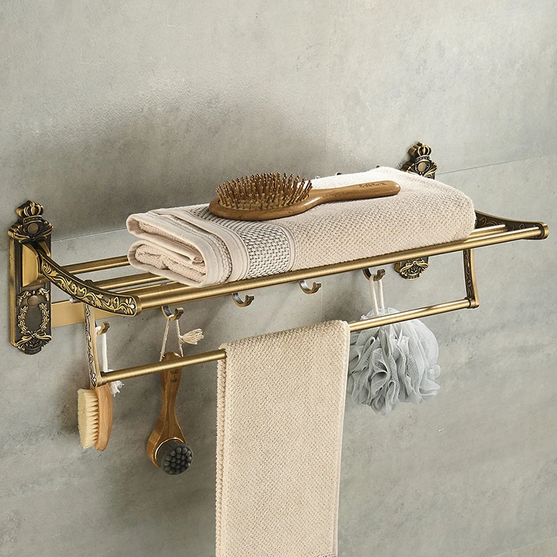 Nail Free Foldable Antique Brass Bath Towel Rack Active Bathroom Towel