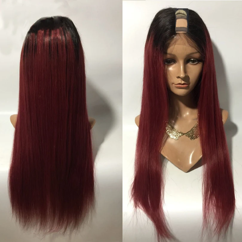 

Simbeauty Ombre 99J U Part Wig Brazilian Remy Silky Straight Natural Hairline Pre Plucked Bleached Knots 150% Density Human Hair