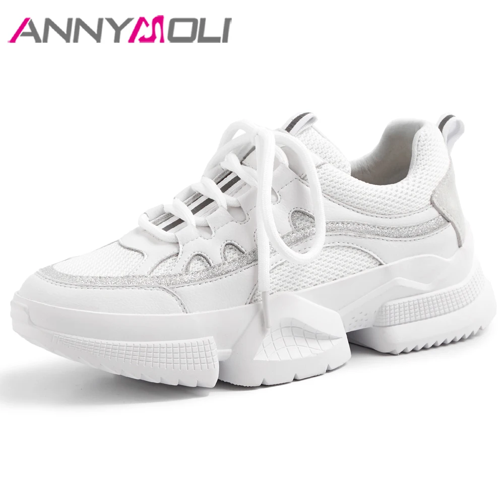 

ANNYMOLI Genuine Leather Sneackers Women Shoes Flat Platform Lace Up Flats Cut Out Ladies Casual Footwear Summer Shoes White