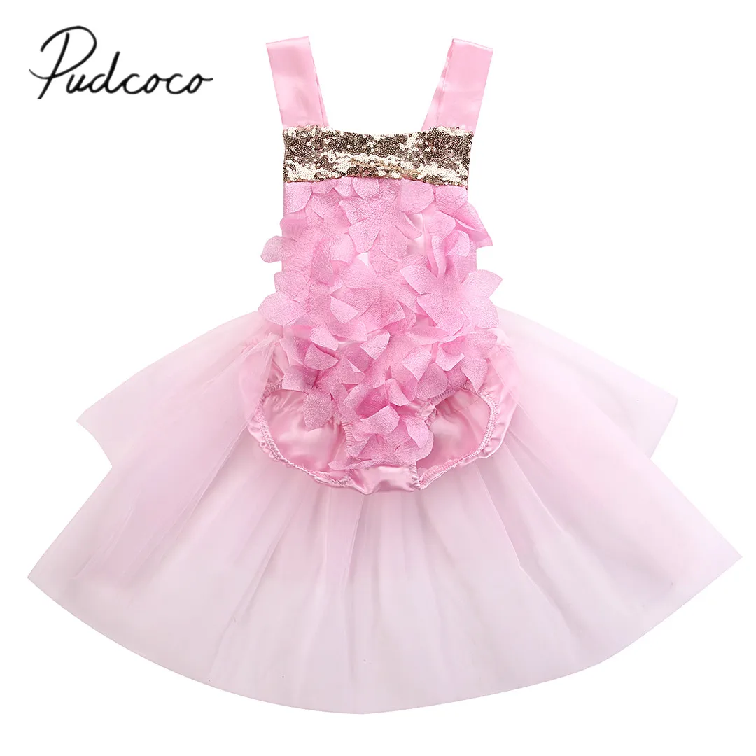

2018 Brand New Toddler Infant Kid Baby Girl Romper Tulle Dress Jumpsuit Pink Flower Outfit Sequin Sunsuit 3D Petal Clothes 3M-3T
