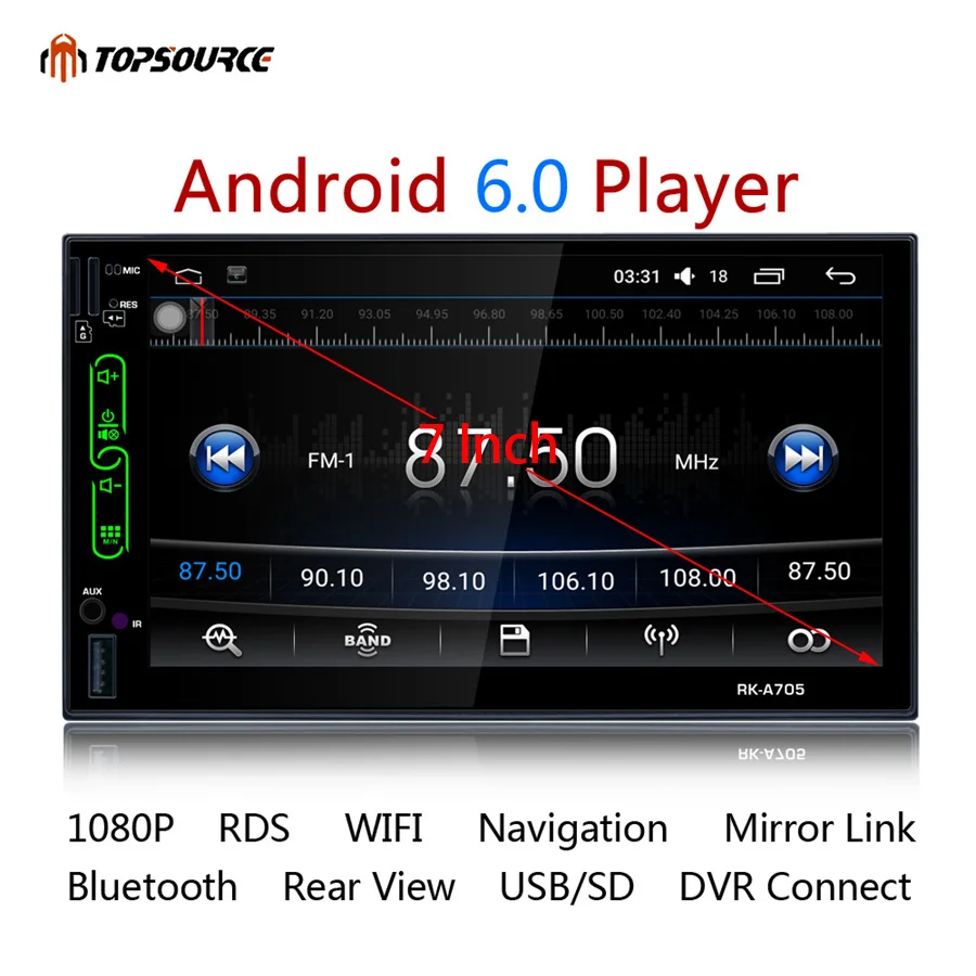 

TOPSOURCE 7 inch android 6.0 FHD Capacitive Touch Screen 2 din Car Radio Media MP5 Player Built-in Wifi GPS & rear view camera