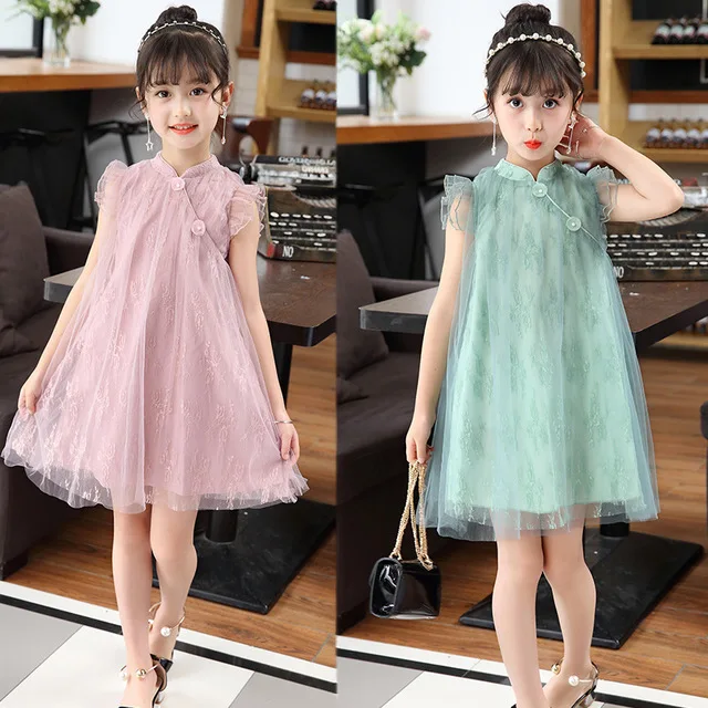 

Summer Ruffled Sleeve Girl Dress 2019 dress girl Pink Button Mesh Girl Princess Dress 3-14 Years Child Dress Pink / Light Green