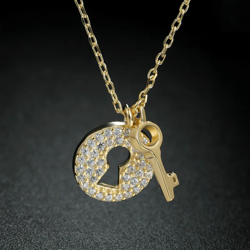 

Fashion Key and Lock 925 Sterling Silver Golden Color Necklace Chain Zircon Pendant for Women Necklaces Jewelry